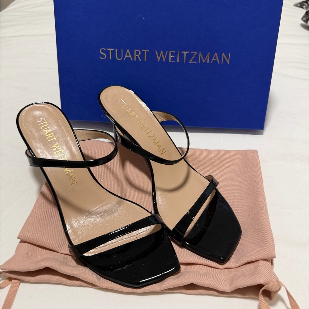 Stuart Weitzman Glossy Black Strappy Heels - Aleena 75